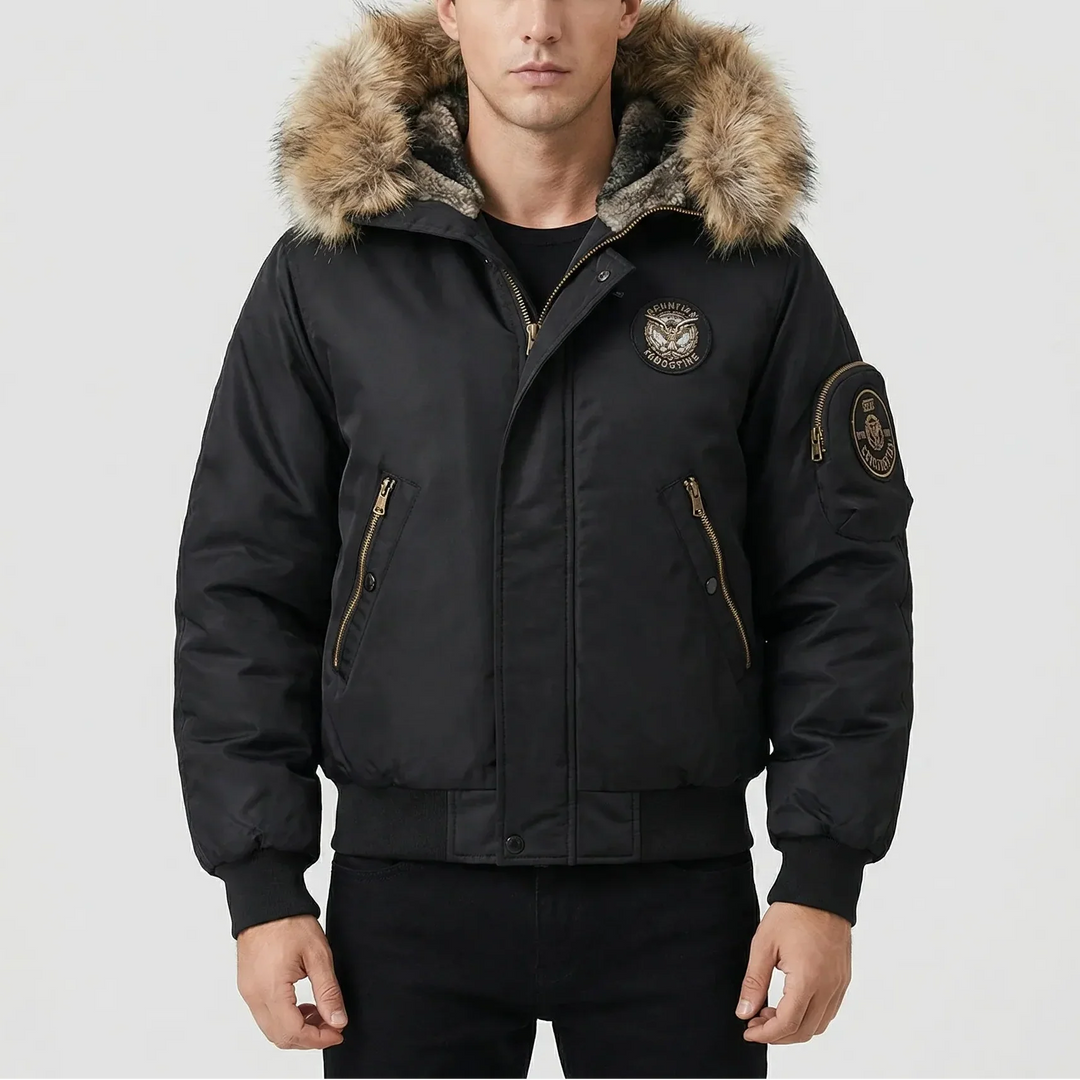 Frostlux - Giacca bomber imbottita con cappuccio in pelliccia sintetica