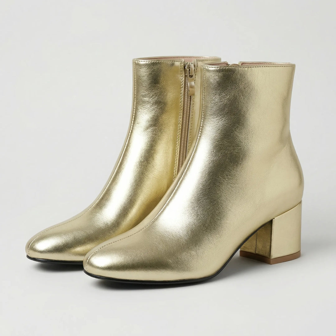 Glimmex - Metallic Finish Block Heel Ankle Boot