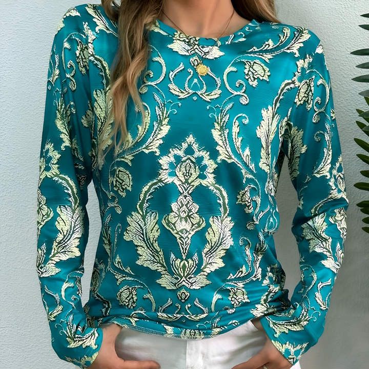 Blusa Lunga a Maniche con Collo Rotondo Stampata Verde da Donna