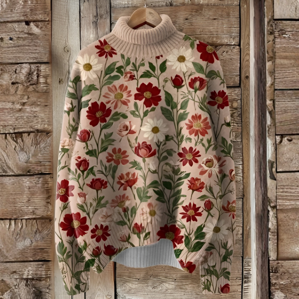 Maglia Pullover Collo Alto in Maglia con Stampa Arte Natalizia – Stile Festivo per Giorni Più Freddi