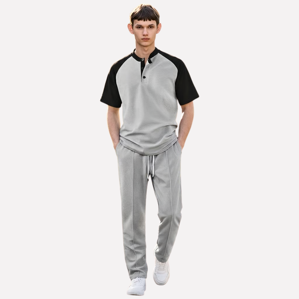 Set da lounge con camicia a bottoni da uomo e pantaloni lunghi a waffle