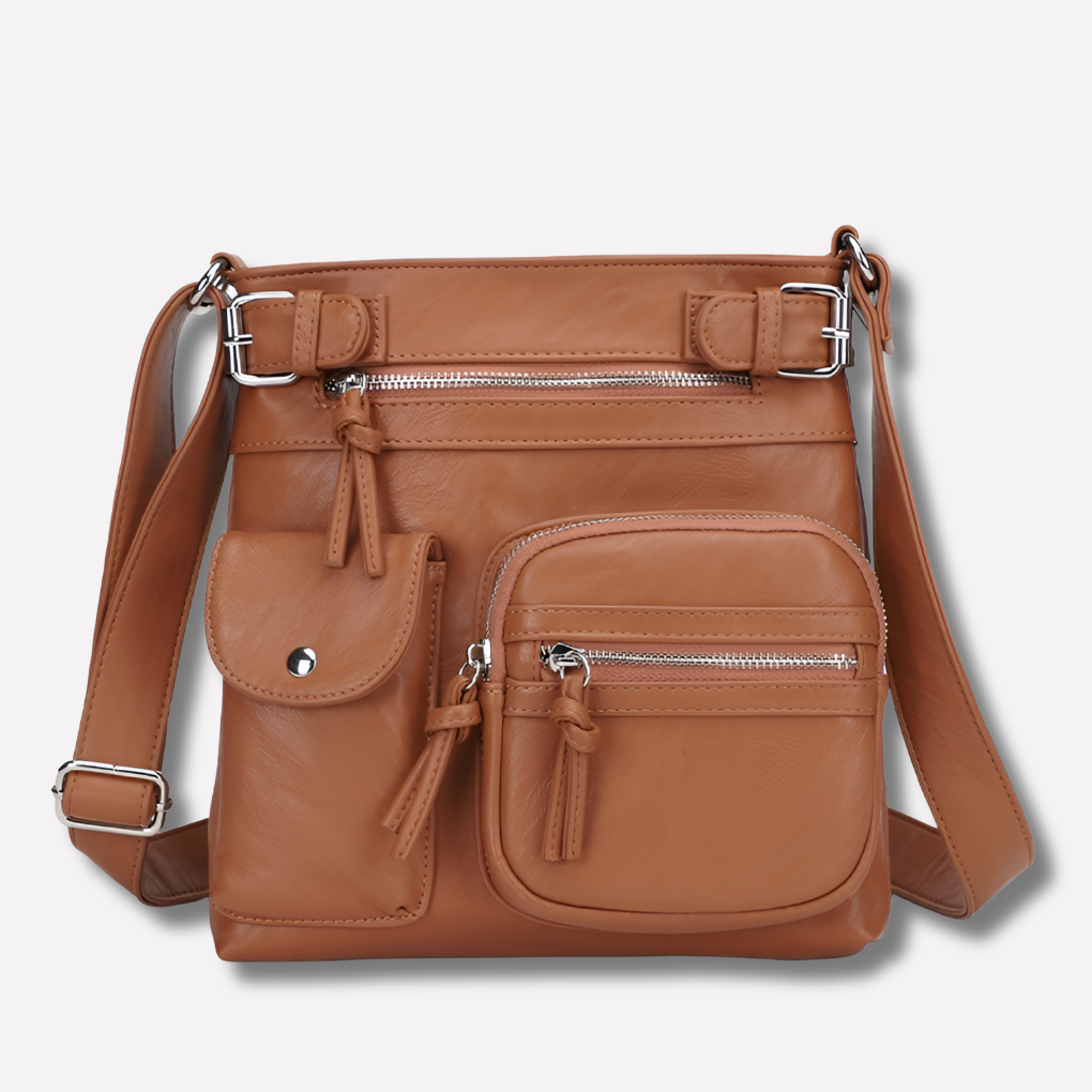 Borsa a spalla in pelle multitasche da donna
