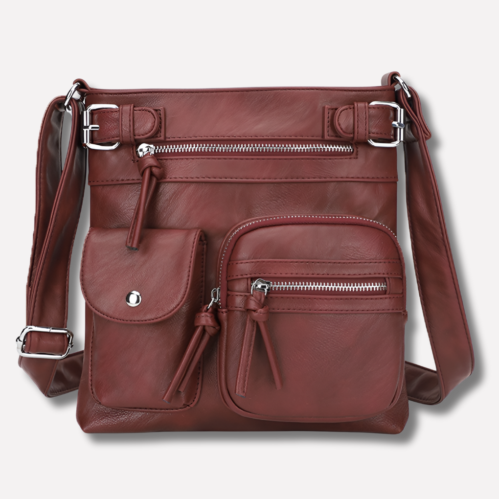 Borsa a spalla in pelle multitasche da donna