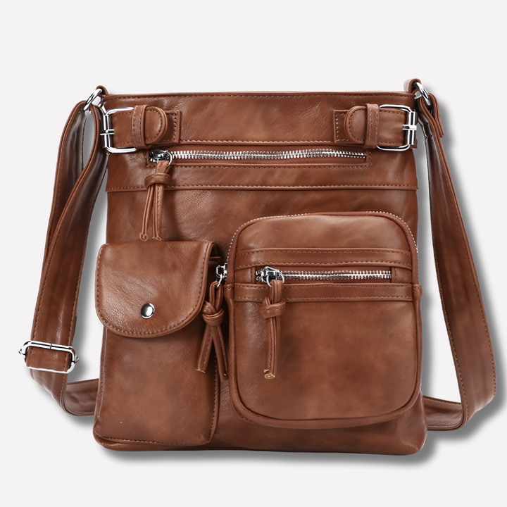 Borsa a spalla in pelle multitasche da donna