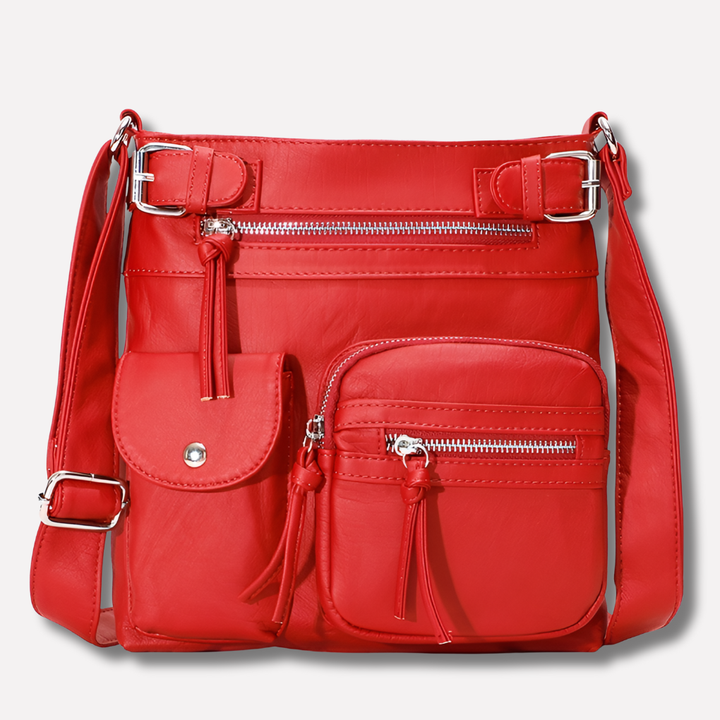 Borsa a spalla in pelle multitasche da donna
