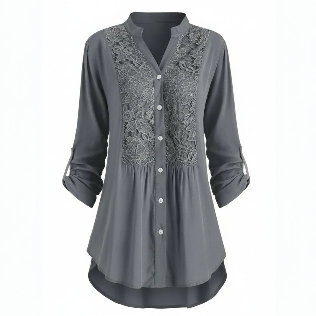 Voorkant grigio lange camicetta con pofmouwen voor dames