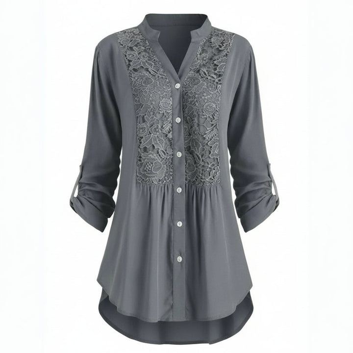 Voorkant grigio lange camicetta con pofmouwen voor dames