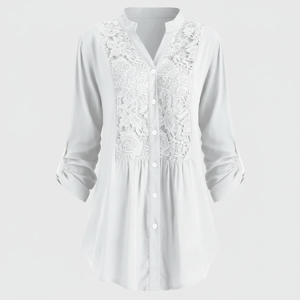Voorkant witte lange camicetta con pofmouwen voor dames