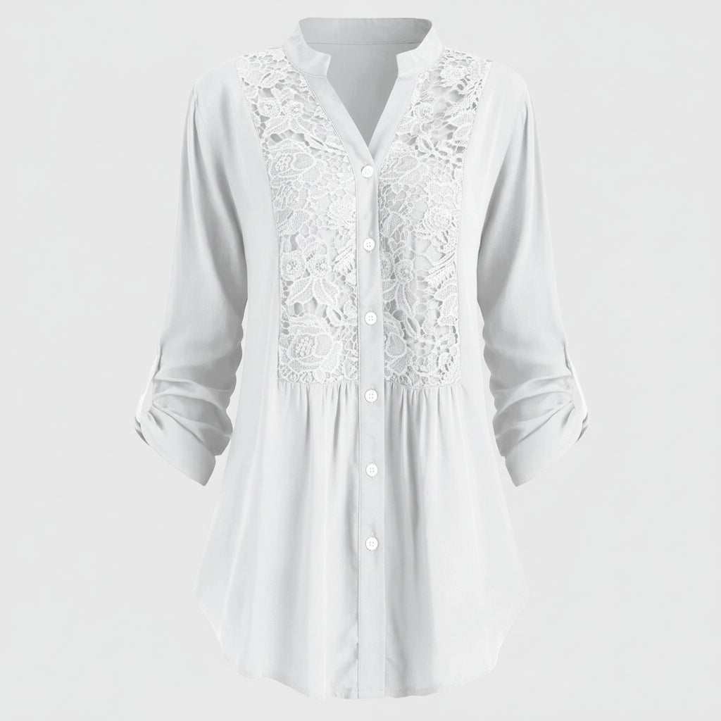 Voorkant witte lange camicetta con pofmouwen voor dames