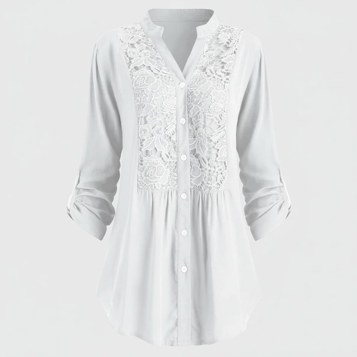 Voorkant witte lange camicetta con pofmouwen voor dames