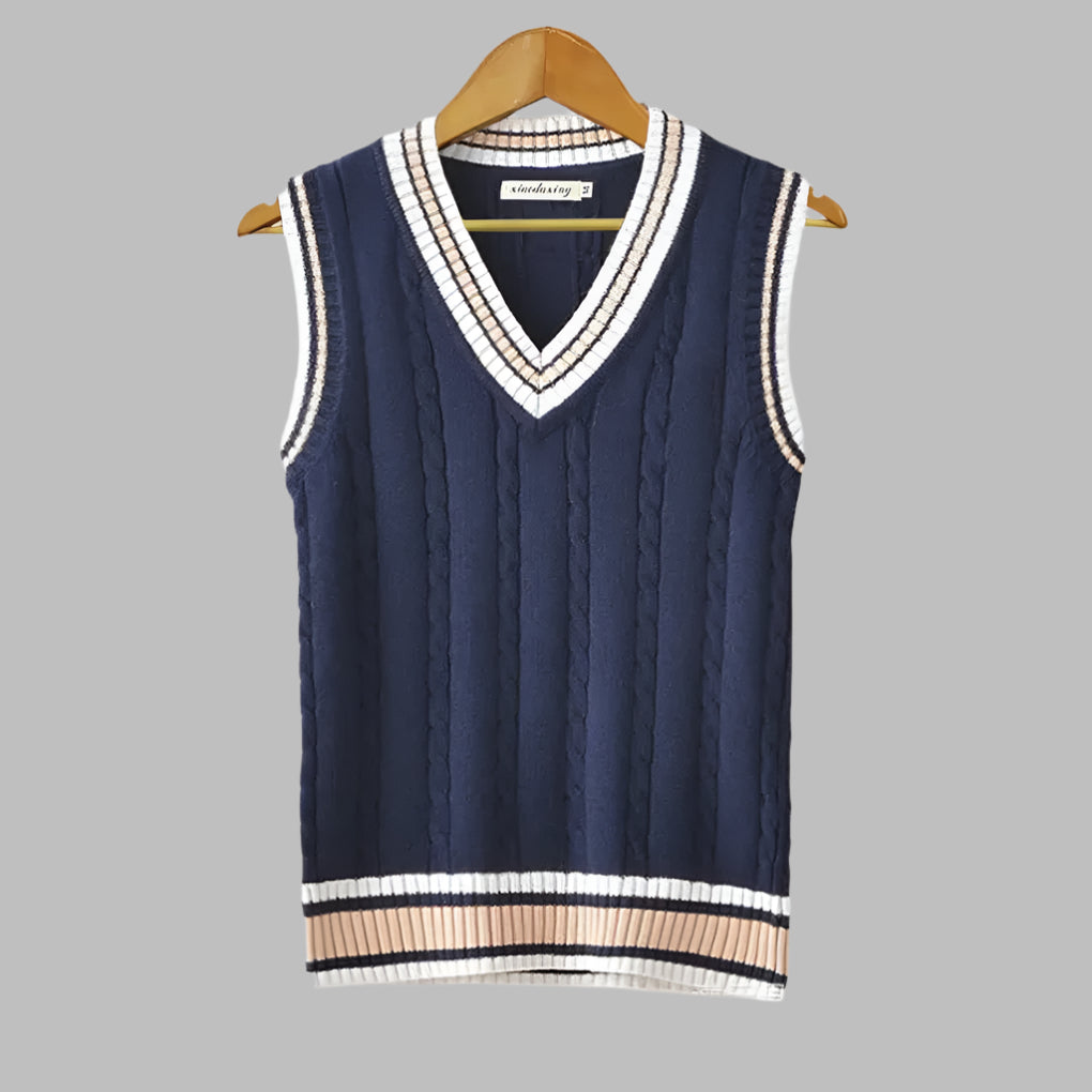 Pullover Senza Maniche Stile Preppy a Righe Retro