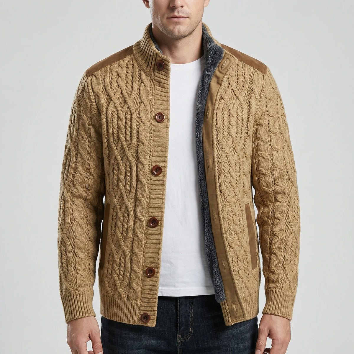 Cardigan in Maglia a Cavo Foderato in Felpa