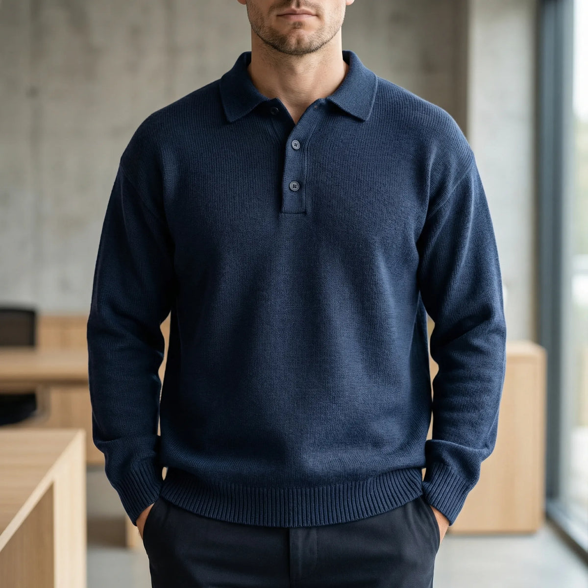 Maglione Polo a Manica Lunga in Maglia Fine