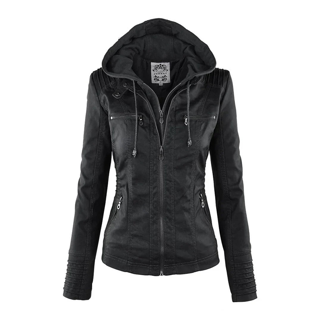Giacca Moto in Pelle Finta con Cappuccio per Donne