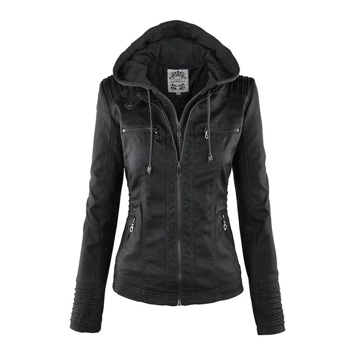 Giacca Moto in Pelle Finta con Cappuccio per Donne
