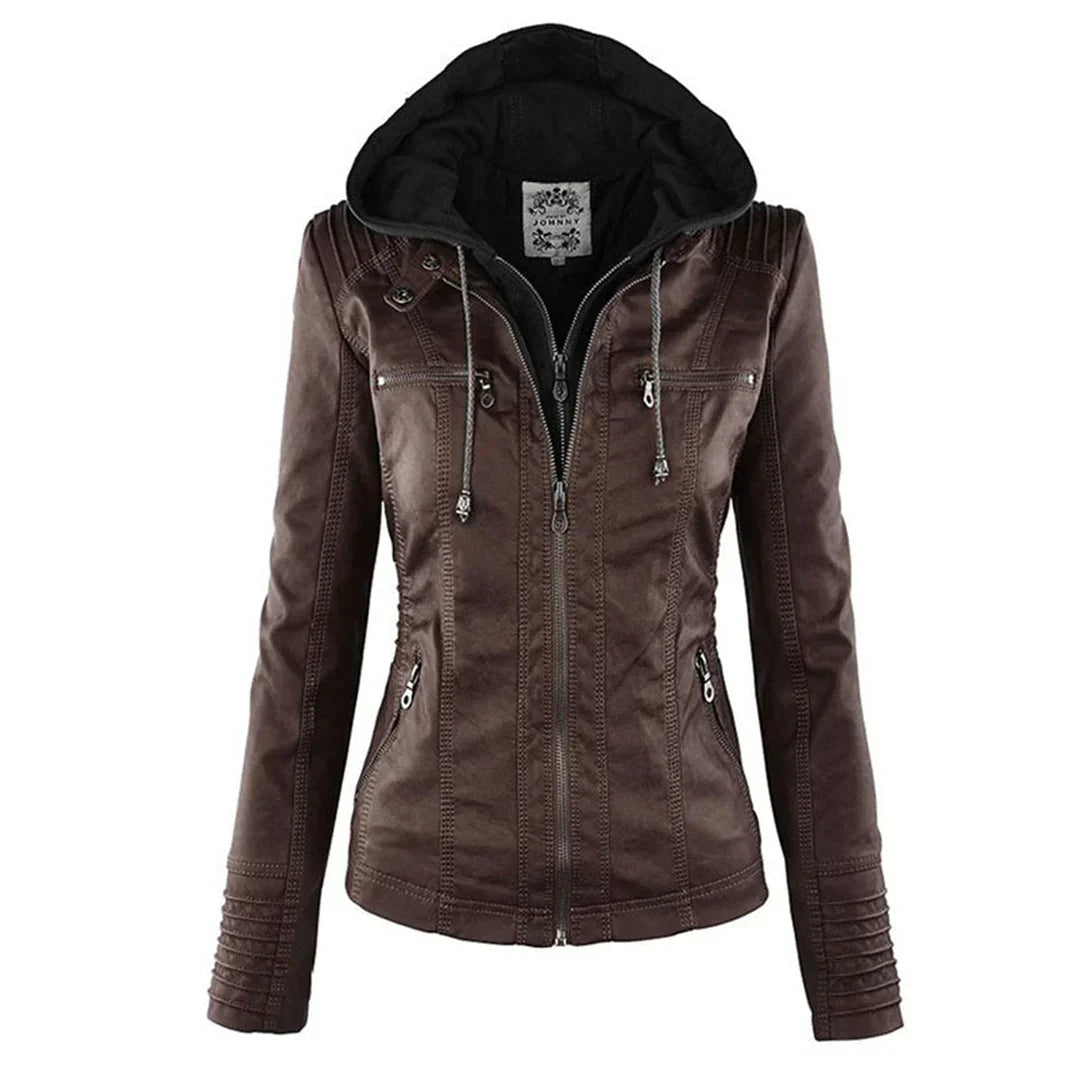 Giacca Moto in Pelle Finta con Cappuccio per Donne