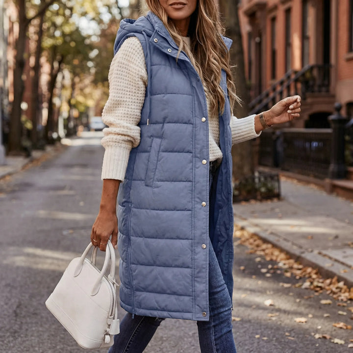 Layriva - Gilet imbottito lungo senza maniche con cappuccio