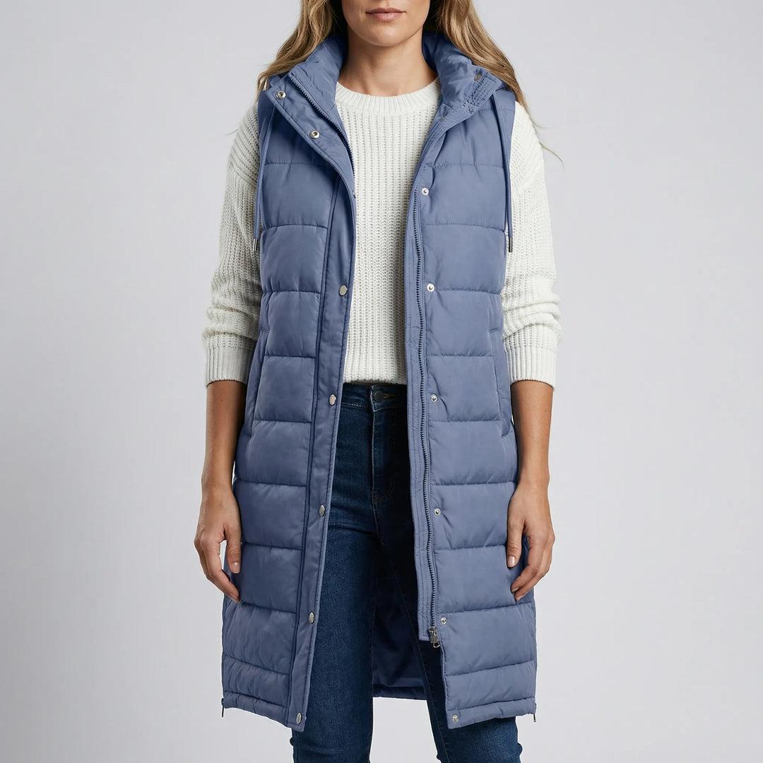 Layriva - Gilet imbottito lungo senza maniche con cappuccio