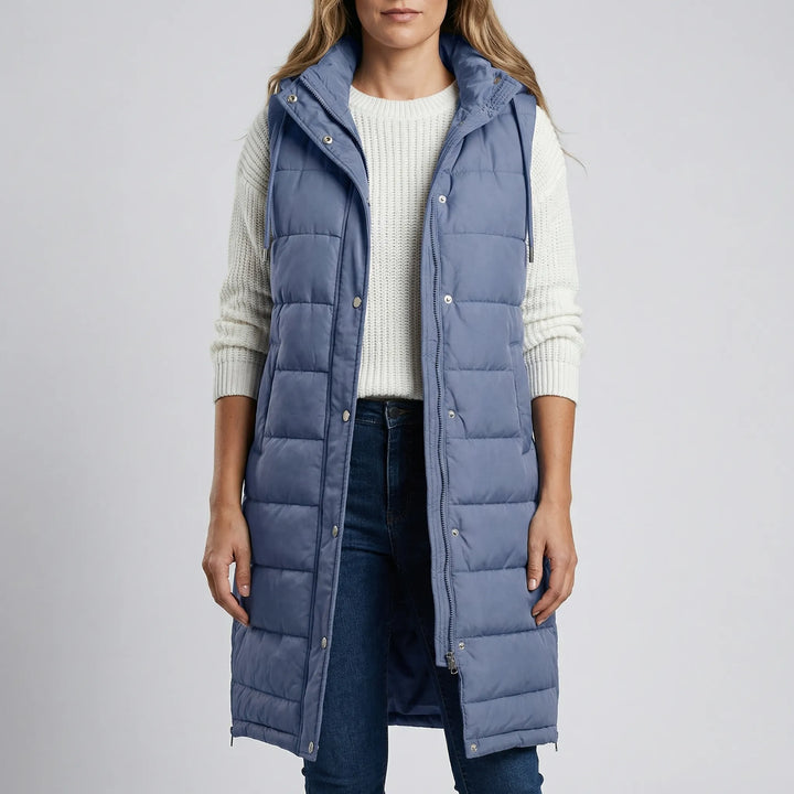 Layriva - Gilet imbottito lungo senza maniche con cappuccio