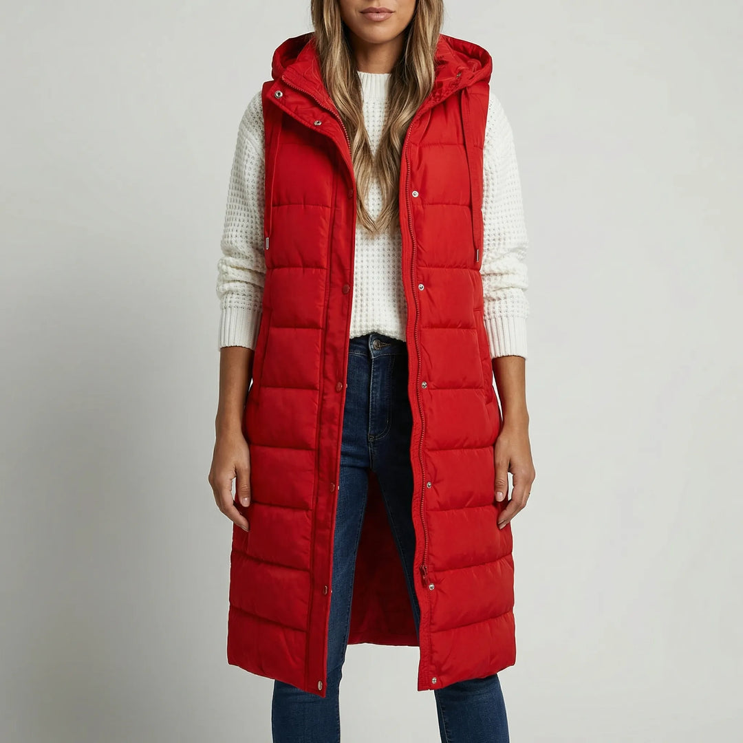 Layriva - Gilet imbottito lungo senza maniche con cappuccio