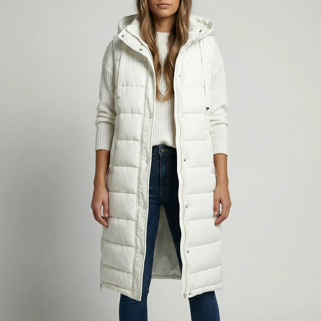 Layriva - Gilet imbottito lungo senza maniche con cappuccio
