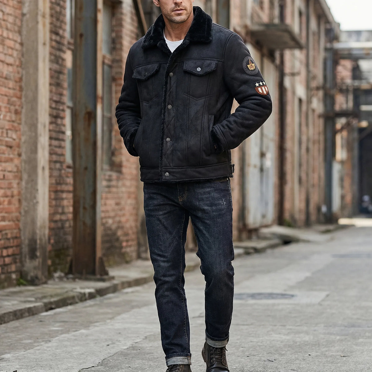Giacca Moto in Pelle Suede con Fodera in Pile