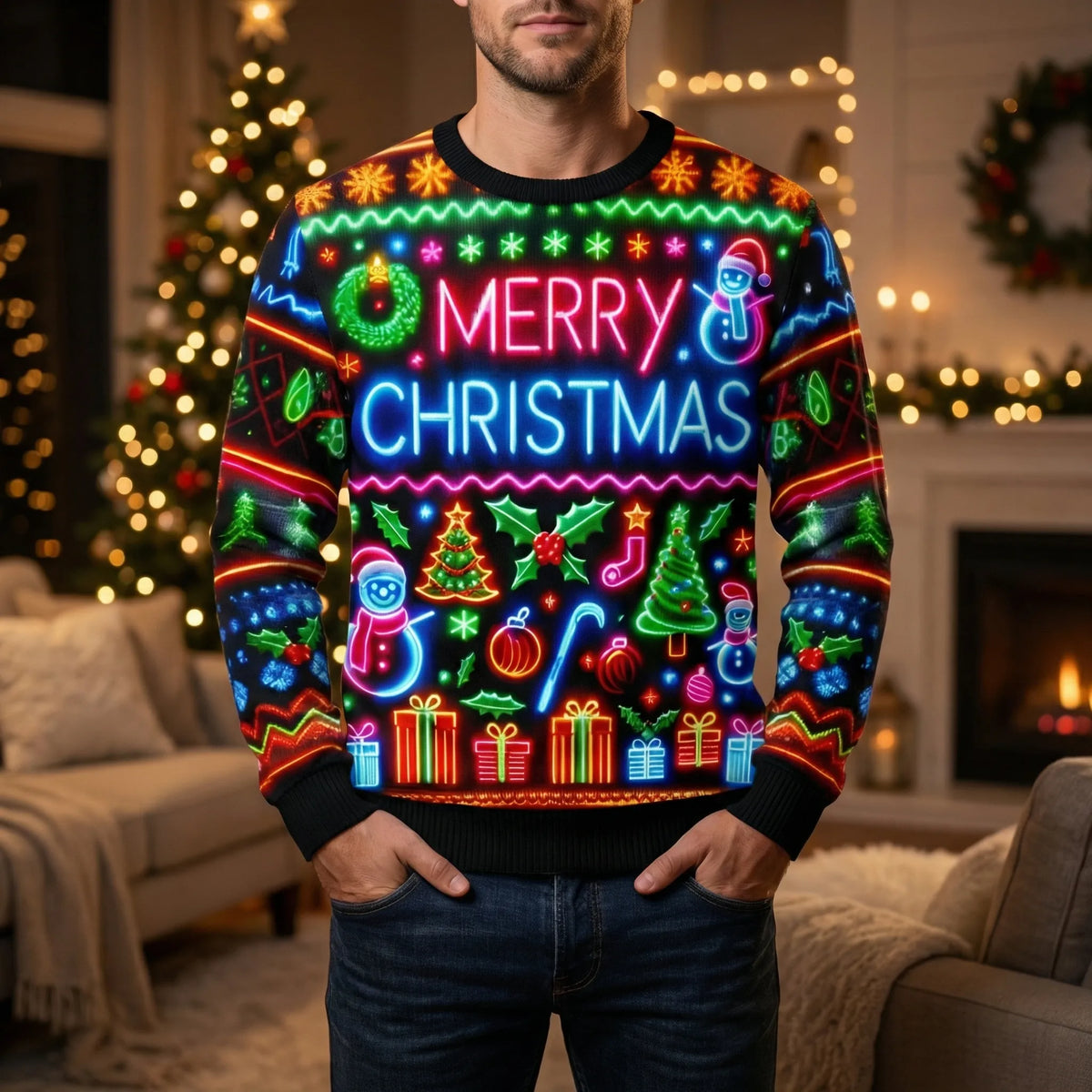 Maglione Natalizio Grafico Neon per Uomo