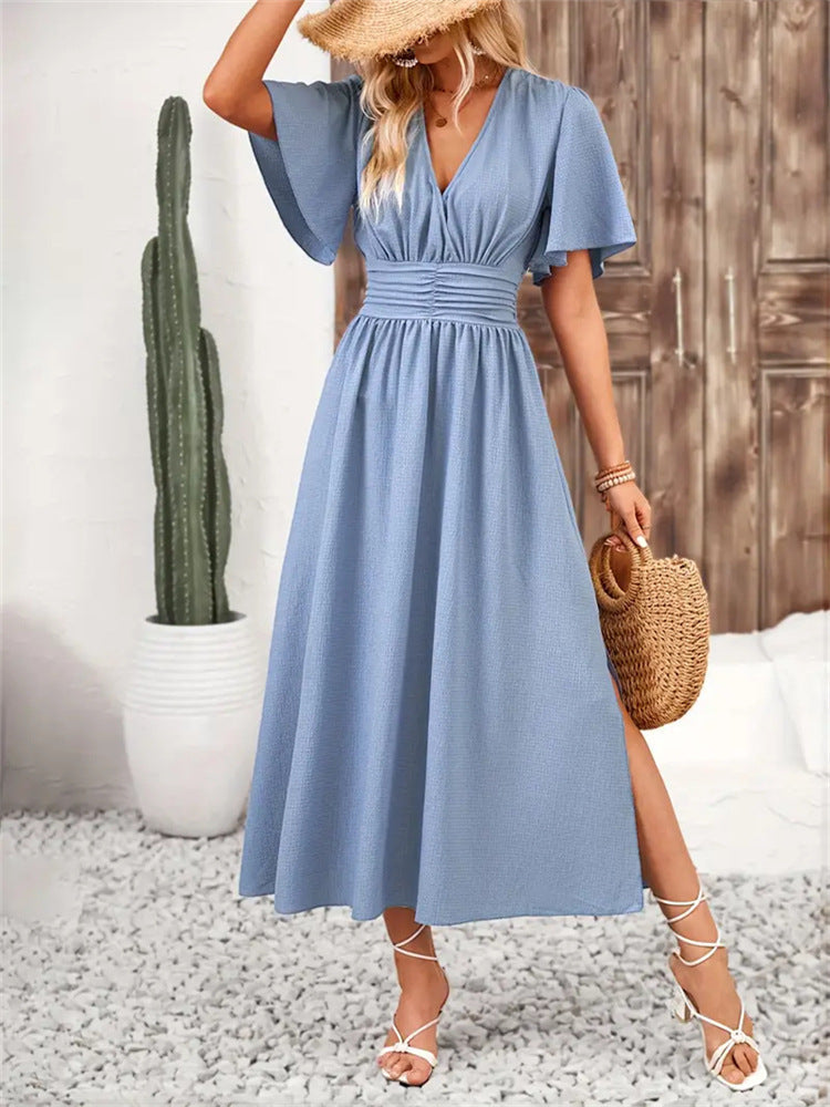 Abito midi blu con scollo a V e maniche corte da donna