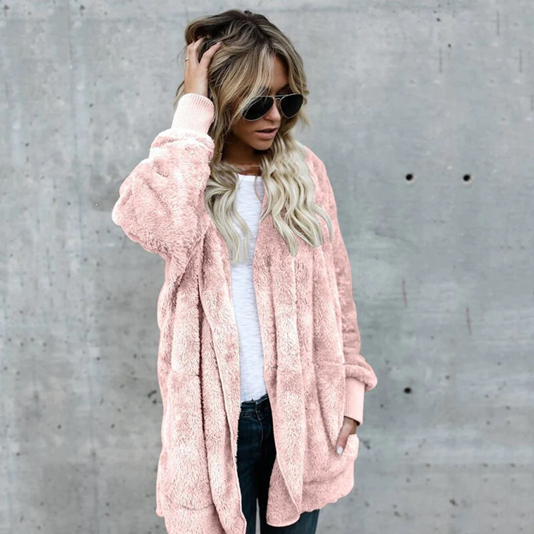 Reva - Cardigan lungo con cappuccio in pile.