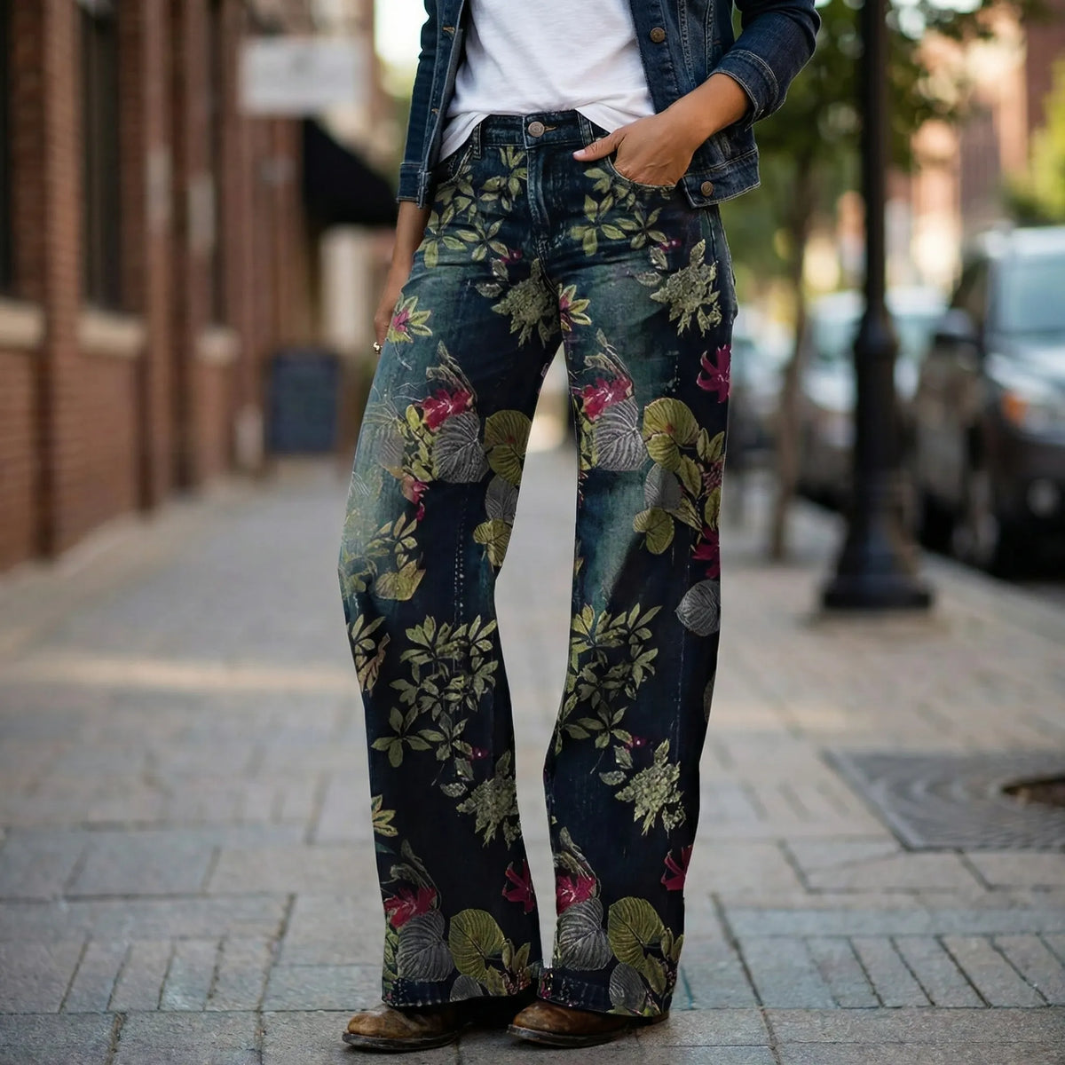 Jeans Largo Dritto con Stampa Floreale per Donna