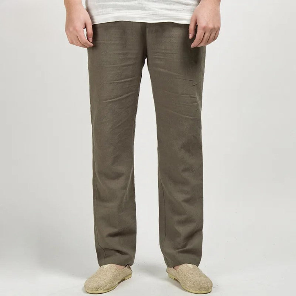 Pantaloni dritti in misto cotone e lino da uomo