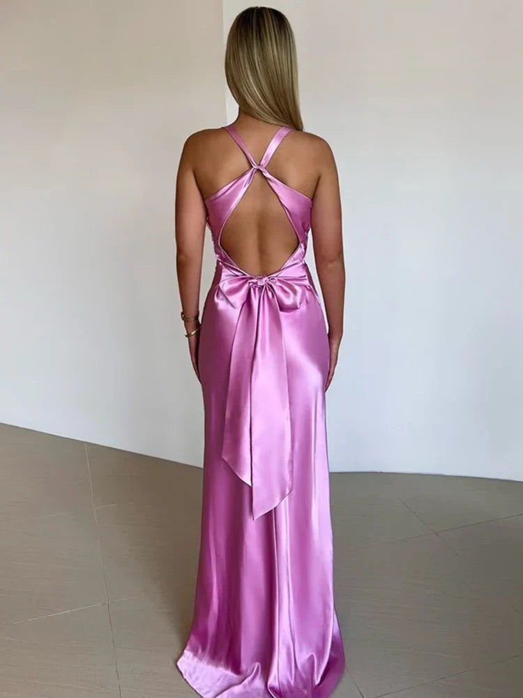 Abito da sera lungo in raso con scollo all’americana da donna