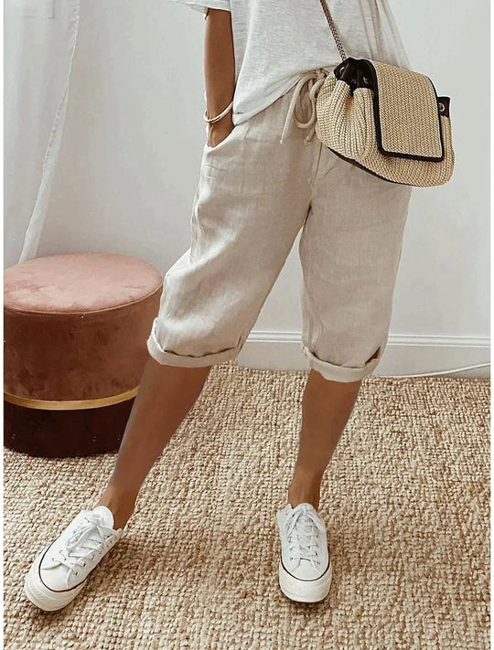 Pantaloni estivi in misto lino con vita elastica da donna