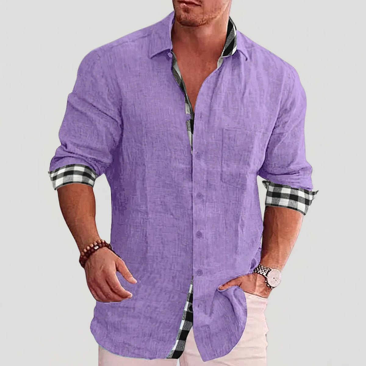 Camicia Casual a Maniche Lunghe con Bottone Frontale per Uomini