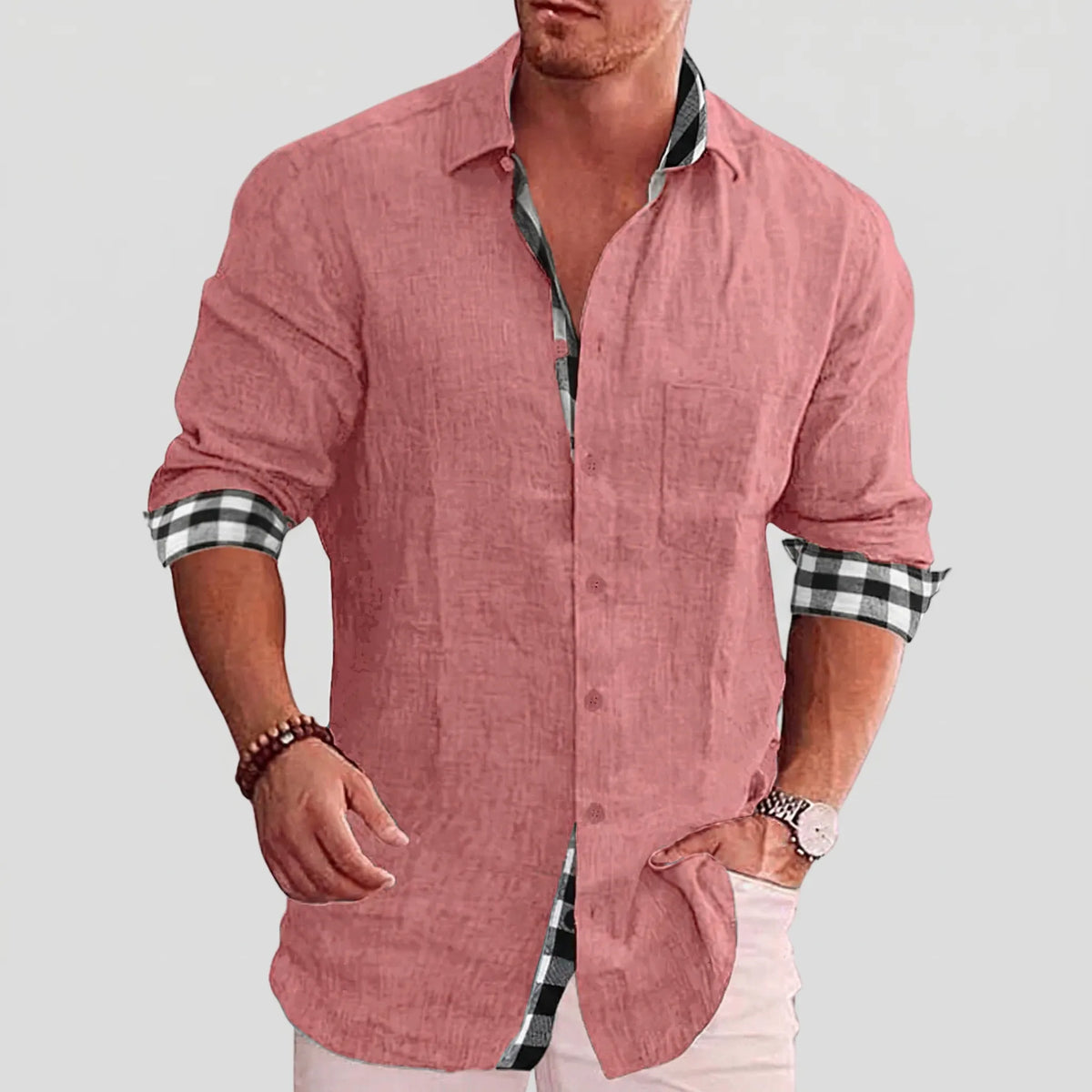 Camicia Casual a Maniche Lunghe con Bottone Frontale per Uomini