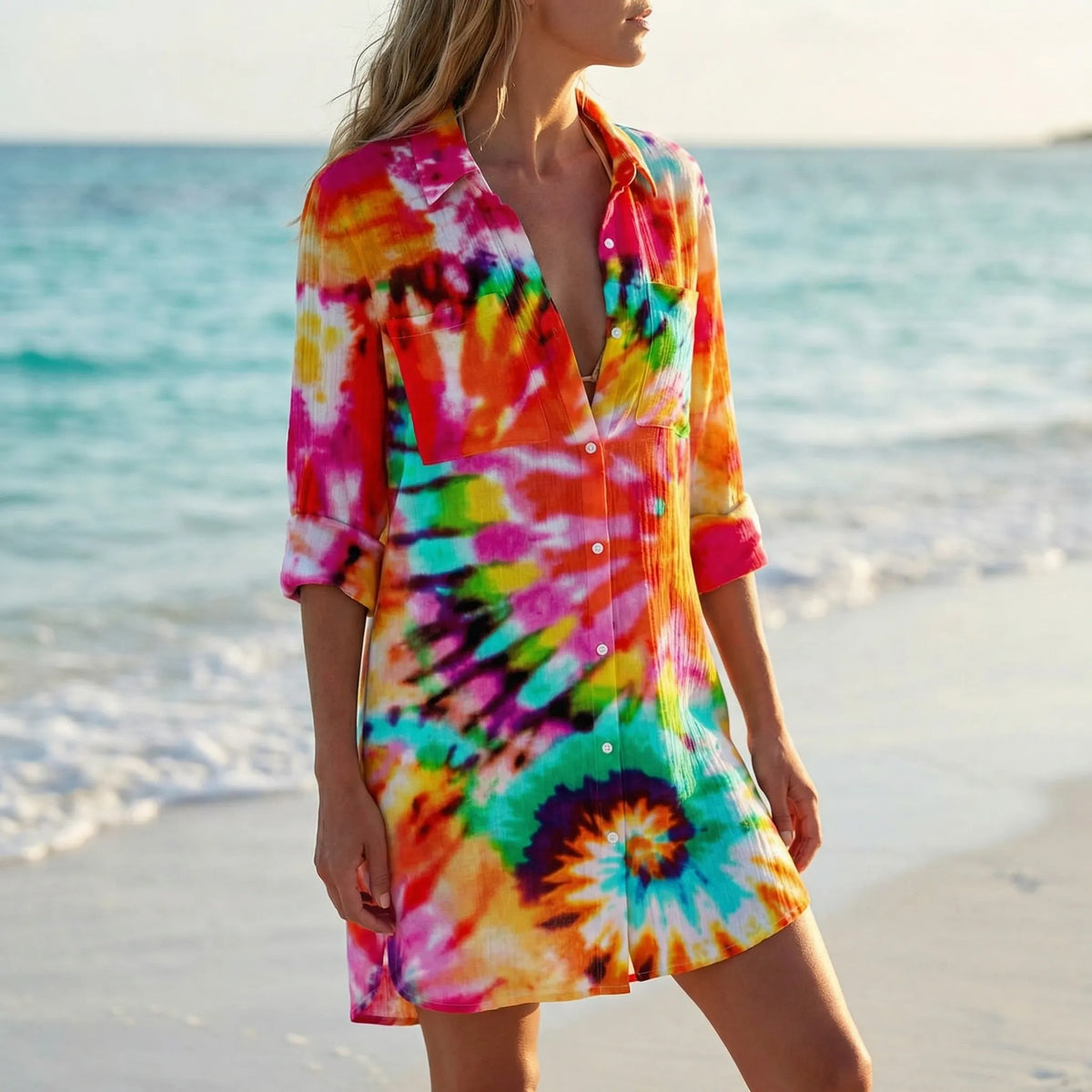 Abito Camicia con Bottoni Stampa Tie-Dye