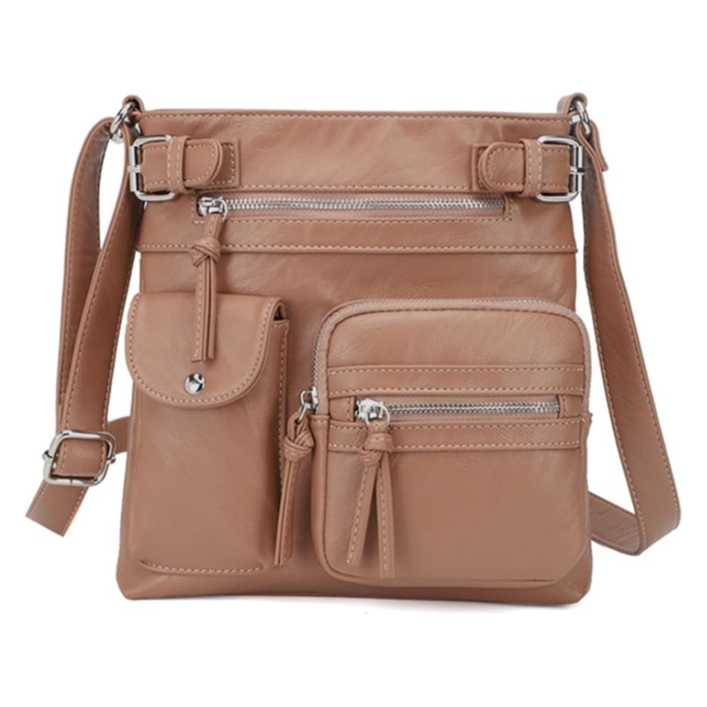 Borsa a spalla in pelle multitasche da donna