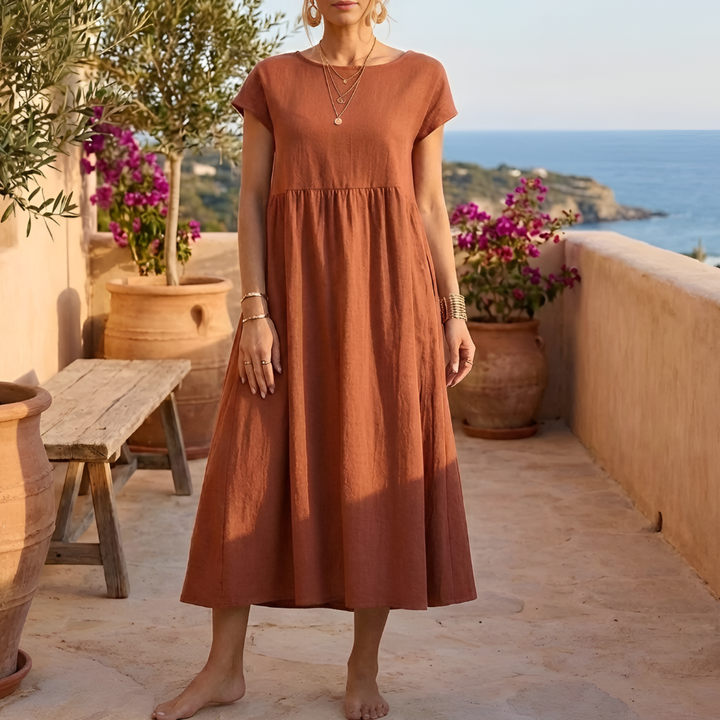 Abito in Cotone Vintage con Collo O per Donne