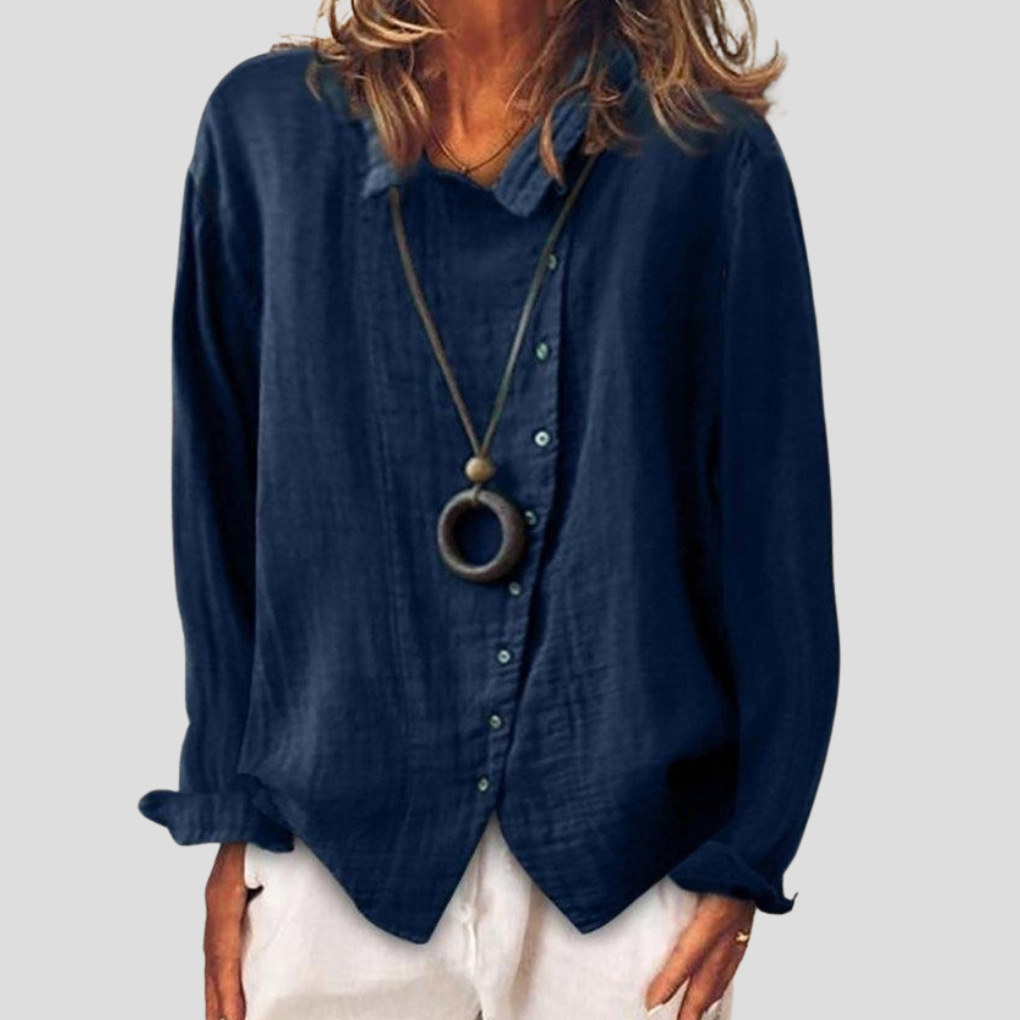 Camicia Lunga a Maniche con Revers e Bottone Blu da Donna