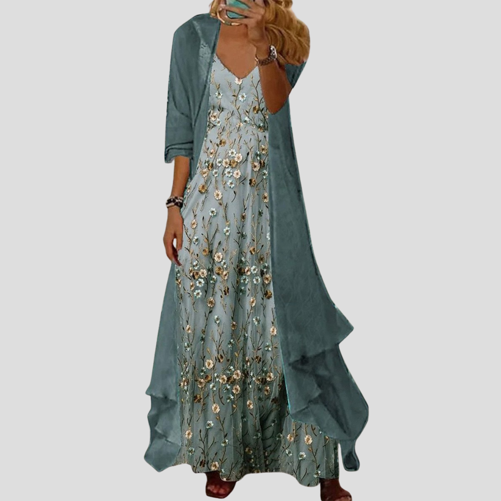 Completo da donna due pezzi a fiori verde con scollo a V e maniche 3/4