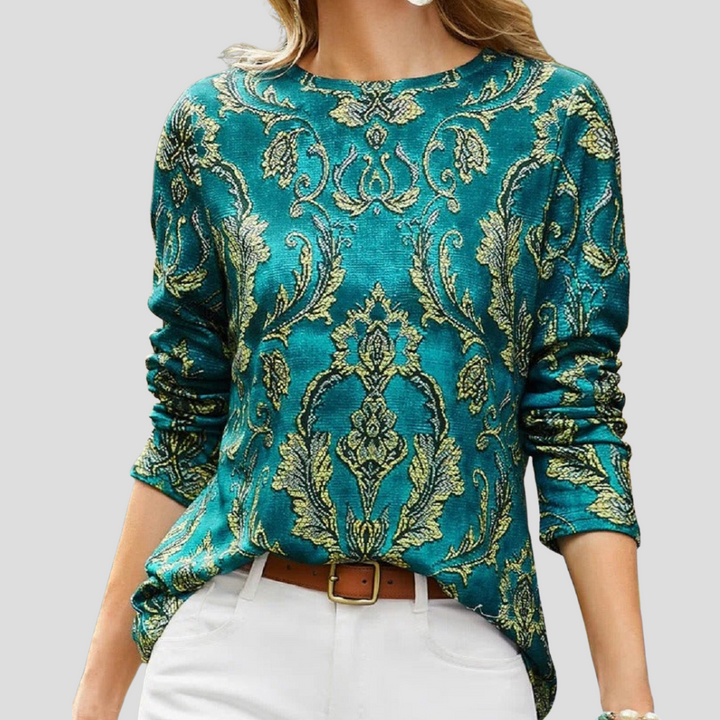 Blusa Lunga a Maniche con Collo Rotondo Stampata Verde da Donna