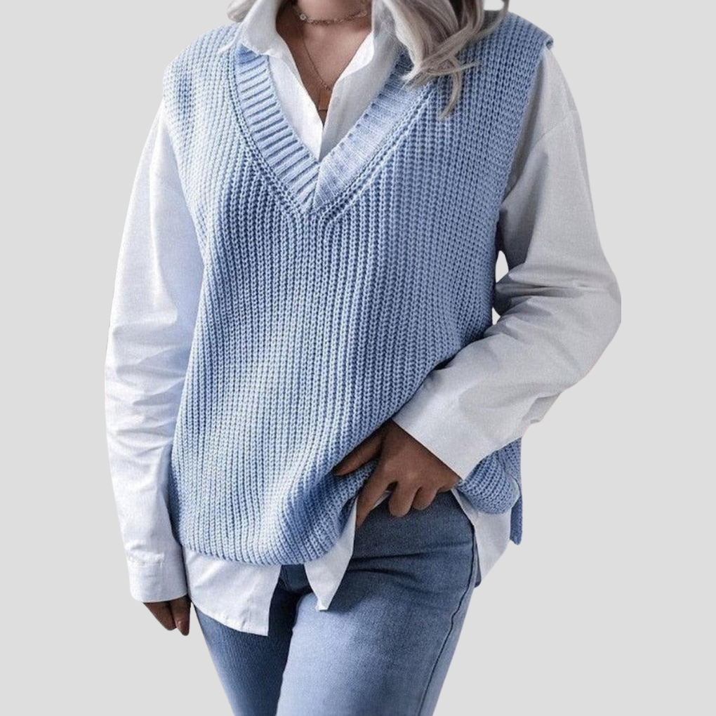 Maglia Senza Maniche Blu Donna con Collo a V