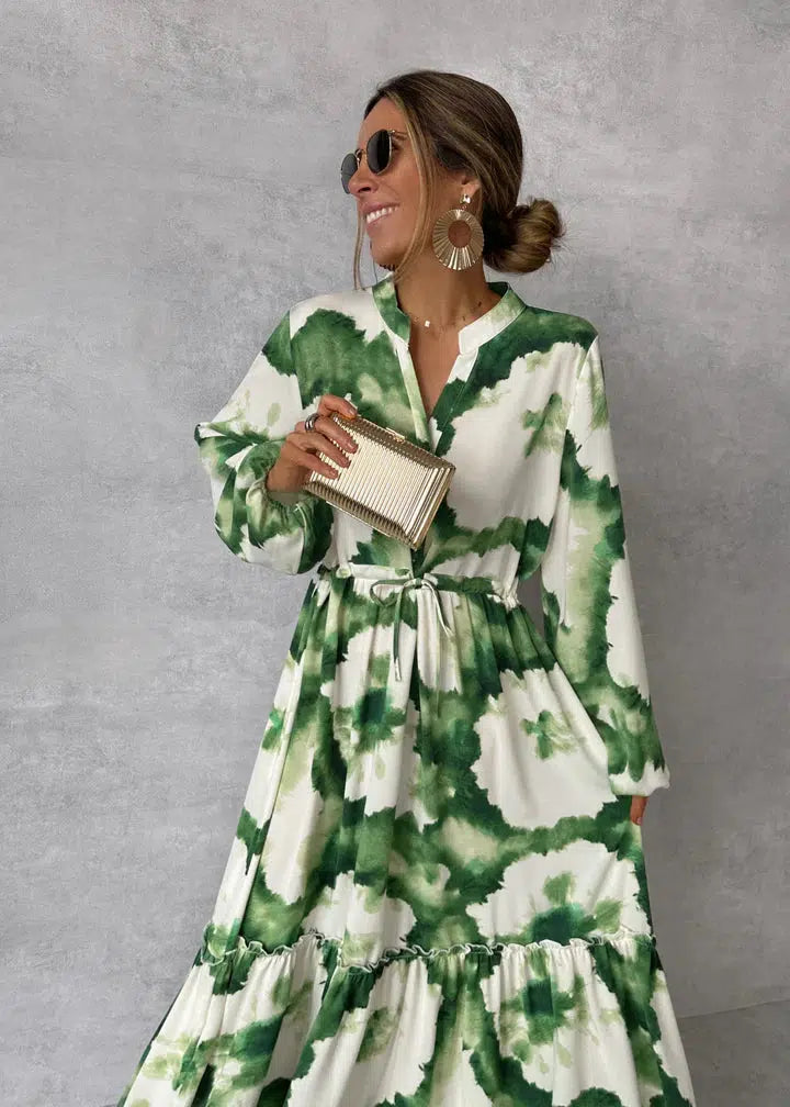 Abito lungo con scollo a V e maniche lunghe da donna