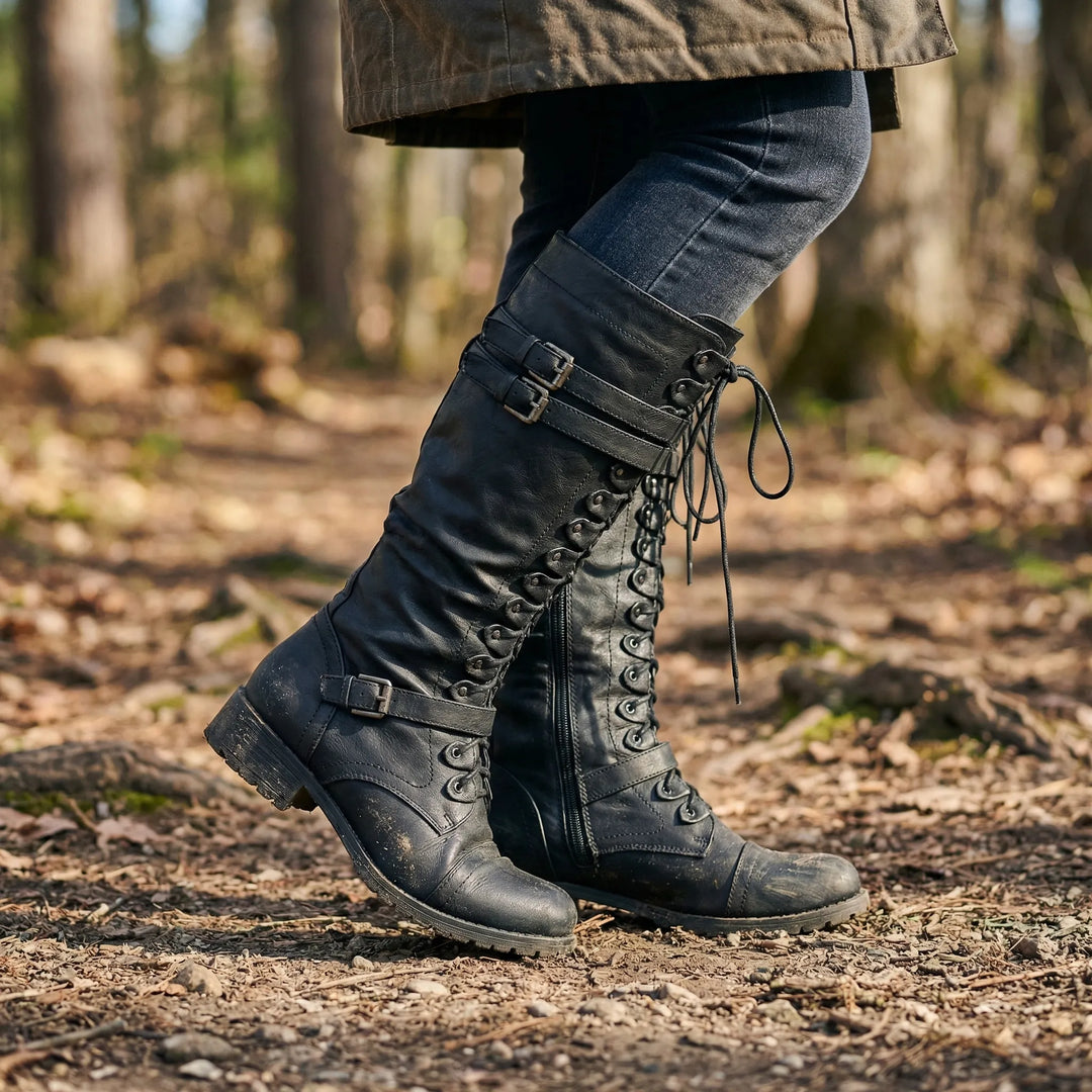 Vintrace - Tall Lace-Up Buckle Combat Boot