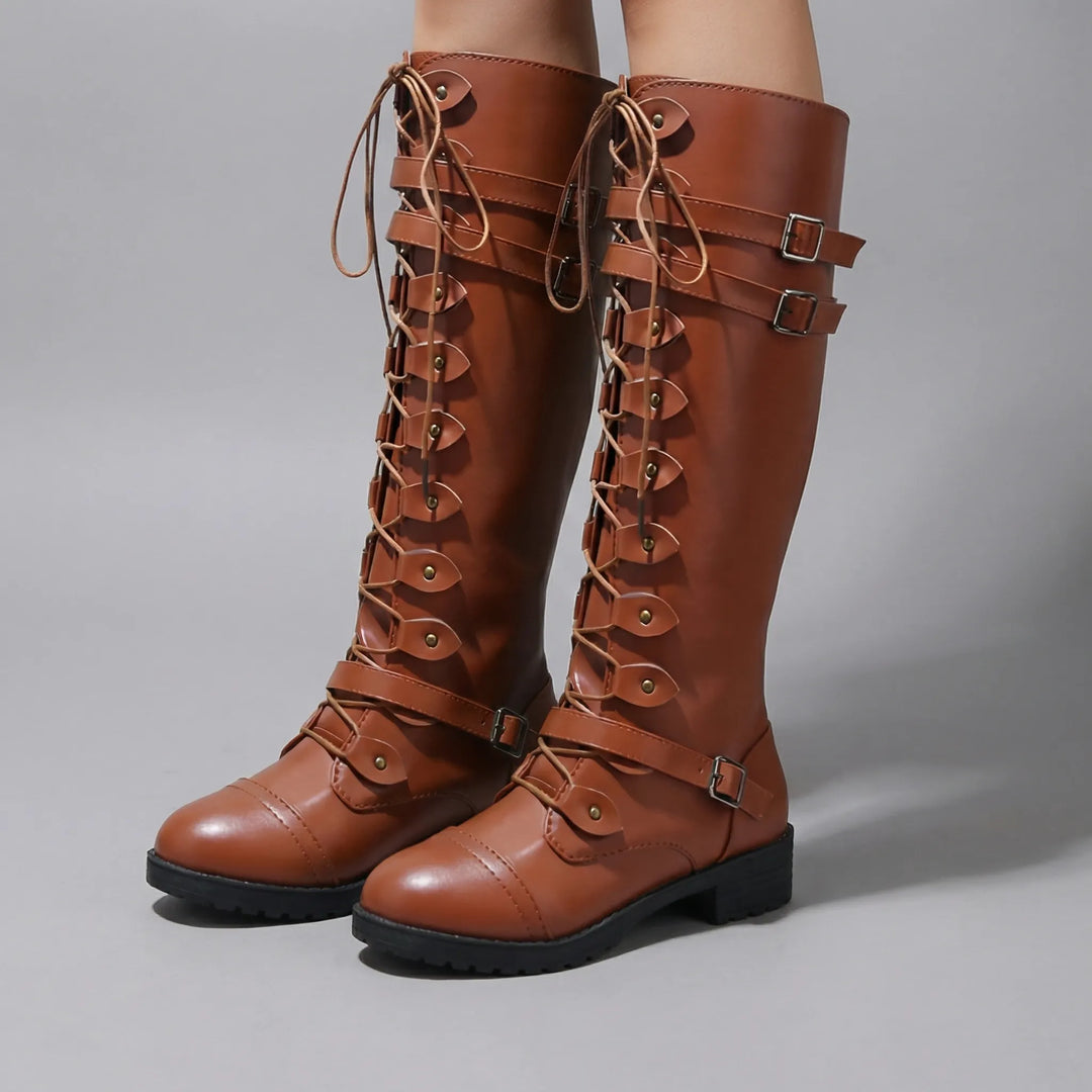 Vintrace - Tall Lace-Up Buckle Combat Boot