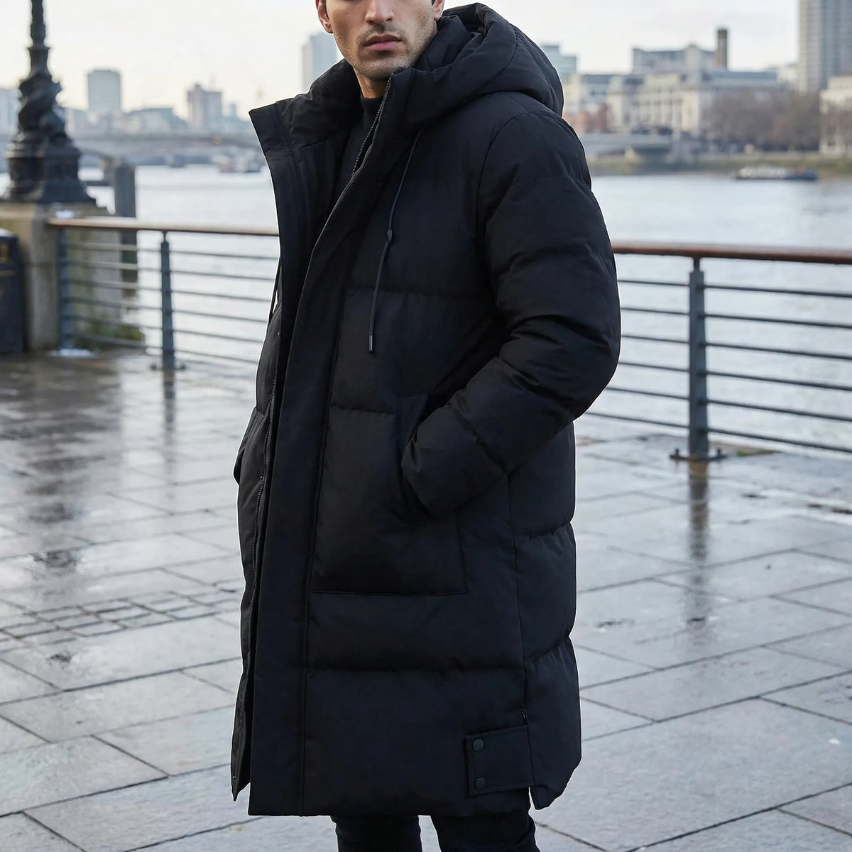 Giacca Puffer Con Cappuccio Lungo Per Uomini