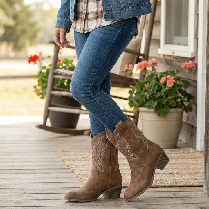 Westova - Embroidered Western Mid-Calf Pull-On Boot