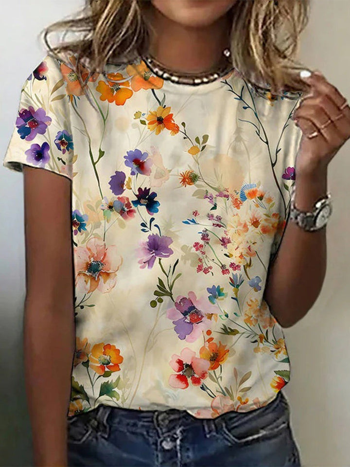 Maglietta vintage da donna con stampa floreale e collo rotondo