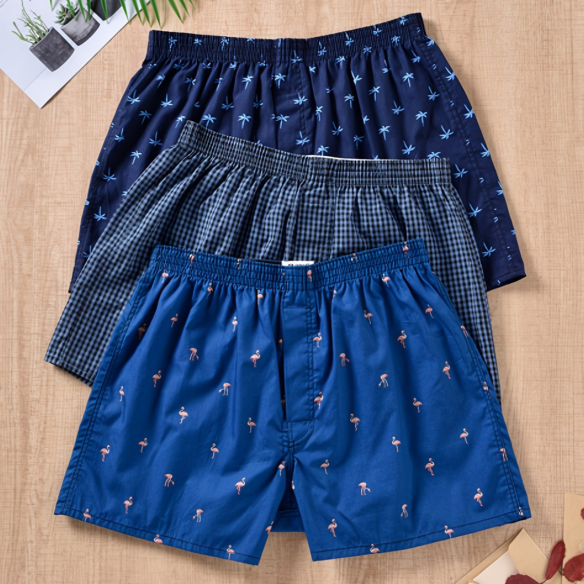 Set di 3 boxer in cotone con stampa a foglie da uomo