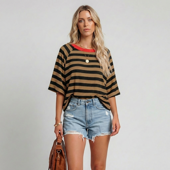 Maglia a Collo Crew Bloccato a Strisce per Donne
